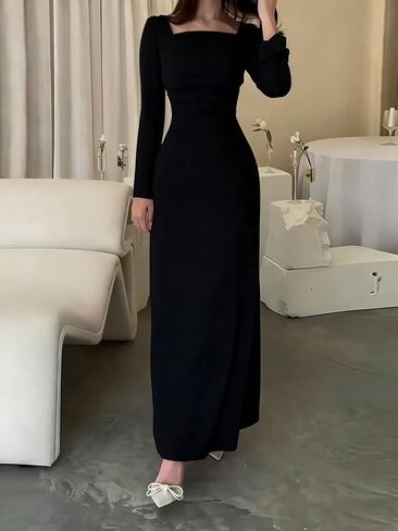 Women's Casual Long Knitted Dress Square Neck Long Sleeved A-line Mermaid Hem Design Long Dress in Saudi Arabia