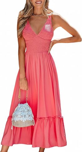 CUPSHE Womens Maxi Dresses Plunging V Neck Sleeveless Smocked Casual Summer Outfit Ruffled Beach Sundress Flowy Dress in Saudi Arabia