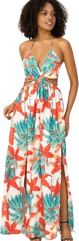 Women's Floral Print Chain Decor Split Thigh Tie Back Cami Dress,Maxi Dress with Halter Neck,Summer Beach Dresses in Saudi Arabia