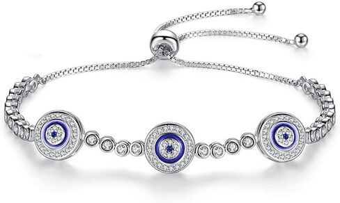 PAENENPH Elegant 14K Gold Evil Eye Moissanite Bracelet for Women,Turkish Style Triple Sapphire and Moissanite Devil's Eye Adjustable Bracelet,Exquisite Lucky Jewelry Gift in Saudi Arabia