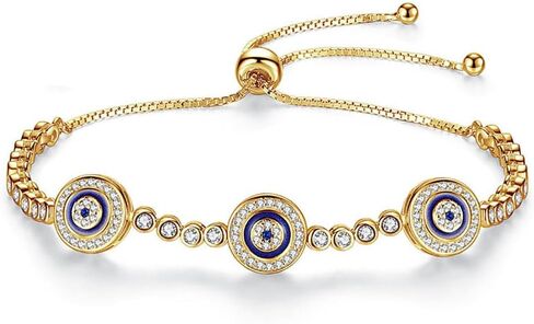 PAENENPH Elegant 14K Gold Evil Eye Moissanite Bracelet for Women,Turkish Style Triple Sapphire and Moissanite Devil's Eye Adjustable Bracelet,Exquisite Lucky Jewelry Gift in Saudi Arabia