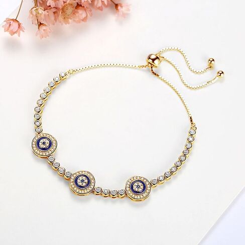PAENENPH Elegant 14K Gold Evil Eye Moissanite Bracelet for Women,Turkish Style Triple Sapphire and Moissanite Devil's Eye Adjustable Bracelet,Exquisite Lucky Jewelry Gift in Saudi Arabia