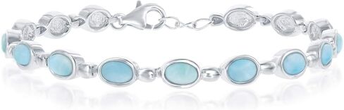Sterling Silver High Polish Bezel-Set Oval or Round Natural Larimar Link Bracelet in Saudi Arabia