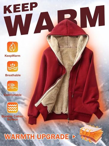 Gihuo Women's Sherpa Lined Hooded Sweatshirt Zip Up Winter Warm Hoodie Comfy Hooded Fleece Jacket(Wine-XL) in Saudi Arabia