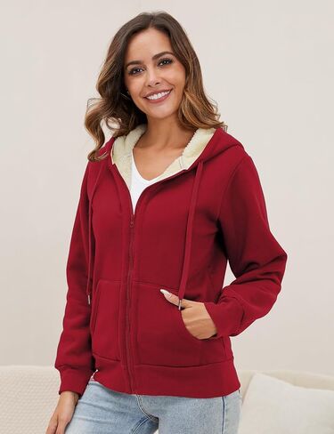 Gihuo Women's Sherpa Lined Hooded Sweatshirt Zip Up Winter Warm Hoodie Comfy Hooded Fleece Jacket(Wine-XL) in Saudi Arabia