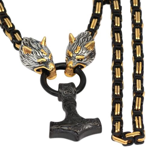 Qiaonitu Men Stainless Steel Viking Wolf Head Norse Amulet Thor Hammer Pendant Necklace Black Gold Byzantine Viking King Chain Jewelry in Kuwait