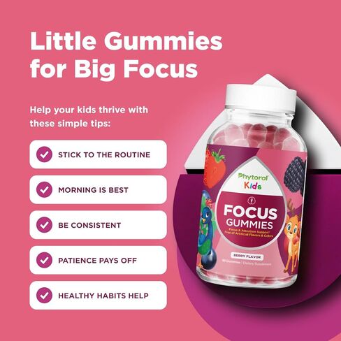 Phytoral Vegan Kids Focus Gummies - Potent Chewable Brain Support for Children - Enhances Concentration & Memory - Calming Supplements & Focus Gummies for Kids - Non-GMO & Gluten-Free - 60 Count in Saudi Arabia