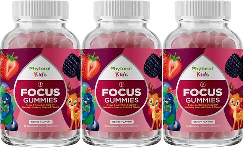 Phytoral Vegan Kids Focus Gummies - Potent Chewable Brain Support for Children - Enhances Concentration & Memory - Calming Supplements & Focus Gummies for Kids - Non-GMO & Gluten-Free - 60 Count in Saudi Arabia
