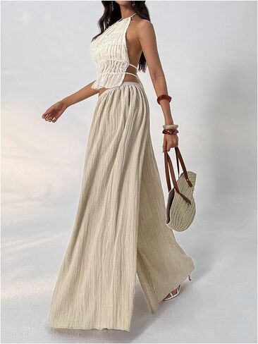 SHENHE Women's Wide Leg Palazzo Pants High Waist Textured Flowy Pants Travel Vacation Trousers in Saudi Arabia