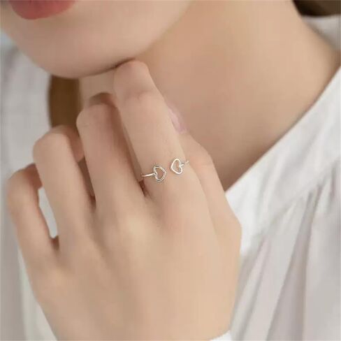 Double Heart Love Open Ring for Women S925 Sterling Silver Dainty Adjustable Statement Wedding Engagement Thin Tiny Minimalist Finger Rings Jewelry for Daughter in Saudi Arabia