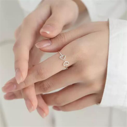 Double Heart Love Open Ring for Women S925 Sterling Silver Dainty Adjustable Statement Wedding Engagement Thin Tiny Minimalist Finger Rings Jewelry for Daughter in Saudi Arabia