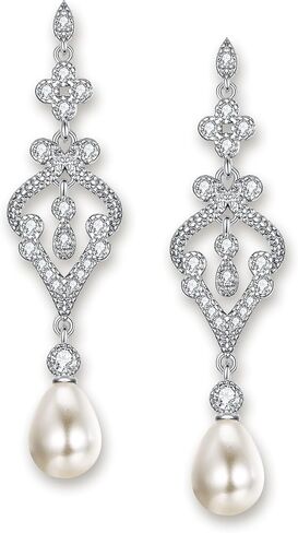 EVER FAITH 925 Sterling Silver CZ 10MM Pearl Art Deco 1920s Prom Rhombic Chandelier Dangle Earrings in Kuwait