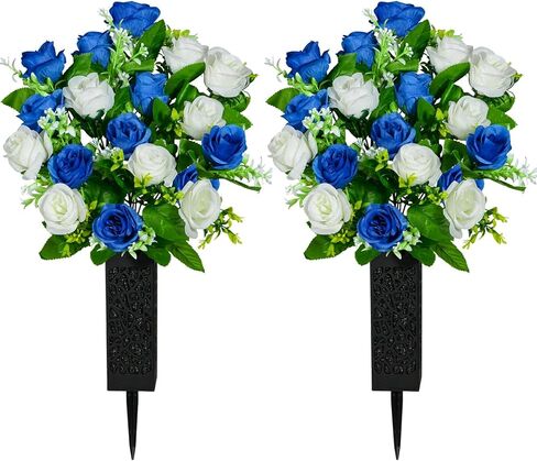 زهور المقبرة الاصطناعية من كوكوكا، مجموعة من زهرتين تذكاريتين مع مزهرية، باقة ورد صناعية لتزيين شواهد القبور (أزرق داكن وأبيض) in Kuwait