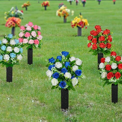Kukooka Artificial Cemetery Flowers, Set of 2 Grave Memorial Flowers with Vase, Artificial Rose Bouquet for Cemetery Headstones Gravesites Decoration (Dark Blue & White) in Saudi Arabia