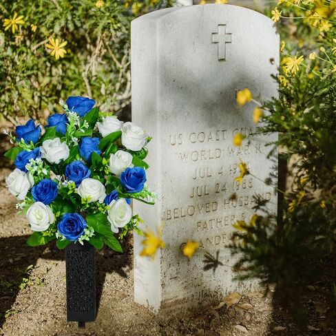 Kukooka Artificial Cemetery Flowers, Set of 2 Grave Memorial Flowers with Vase, Artificial Rose Bouquet for Cemetery Headstones Gravesites Decoration (Dark Blue & White) in Saudi Arabia