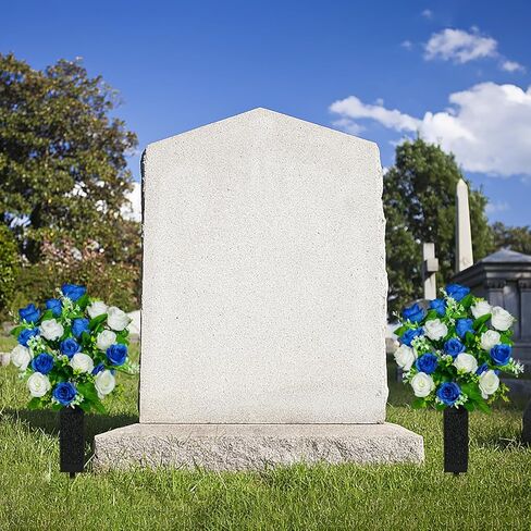 Kukooka Artificial Cemetery Flowers, Set of 2 Grave Memorial Flowers with Vase, Artificial Rose Bouquet for Cemetery Headstones Gravesites Decoration (Dark Blue & White) in Saudi Arabia