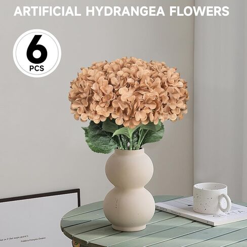 Subacy 6 PCS Artificial Hydrangea Flowers, Faux Silk Hydrangea with Long Stems, Home Wedding Decor, Table Centerpieces, Party Decorations(Caramel) in Saudi Arabia