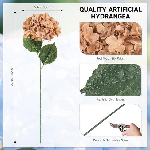 Subacy 6 PCS Artificial Hydrangea Flowers, Faux Silk Hydrangea with Long Stems, Home Wedding Decor, Table Centerpieces, Party Decorations(Caramel) in Saudi Arabia