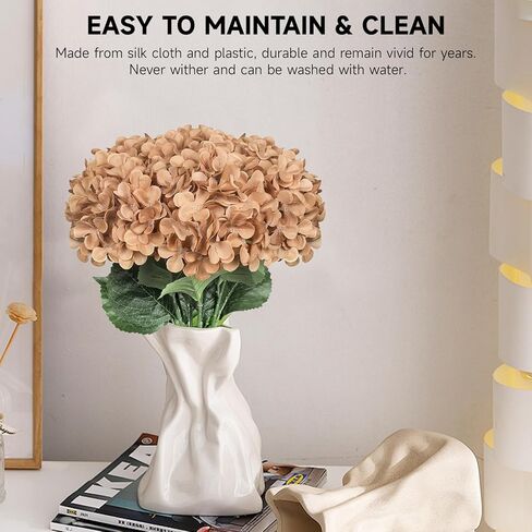 Subacy 6 PCS Artificial Hydrangea Flowers, Faux Silk Hydrangea with Long Stems, Home Wedding Decor, Table Centerpieces, Party Decorations(Caramel) in Saudi Arabia