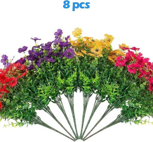 8 Bundles Artificial Flowers for Outdoor Indoor Garden Home Decoration, Faux Flower with Eucalyptus Leaves Fake Plants Greenery Boxwood Porch Patio, Mix Colors in Saudi Arabia