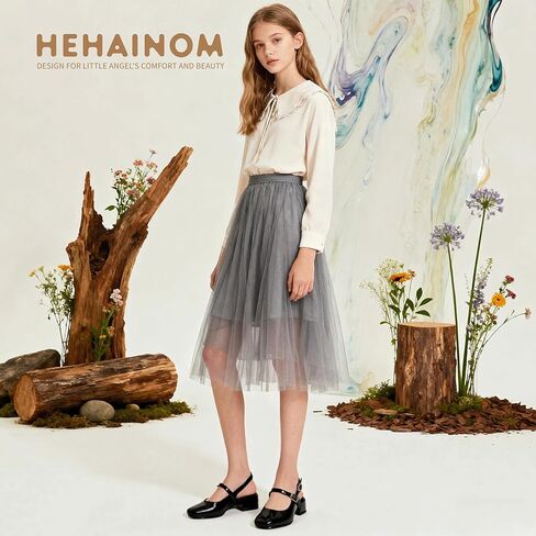 Hehainom Girls Heels Dress Shoes Mary Jane Chunky Low Heels Closed Square Toe Pumps Wedding Party Little Big Kids Shoes in Saudi Arabia