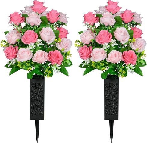 Kukooka Artificial Cemetery Flowers, Set of 2 Grave Memorial Flowers with Vase, Artificial Rose Bouquet for Cemetery Headstones Gravesites Decoration (Dark Blue & White) in Saudi Arabia