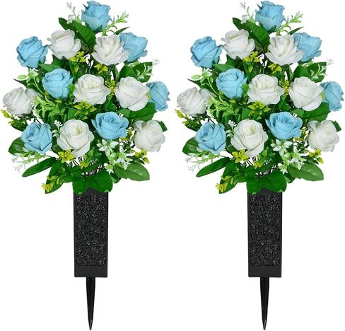 Kukooka Artificial Cemetery Flowers, Set of 2 Grave Memorial Flowers with Vase, Artificial Rose Bouquet for Cemetery Headstones Gravesites Decoration (Dark Blue & White) in Saudi Arabia