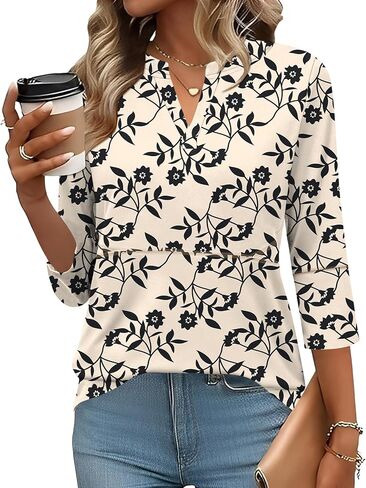 LOMON Women's Fashion V Neck 3/4 Sleeve Shirts Dressy Casual Basic Tees Tops Loose Tunic Blouses in Saudi Arabia