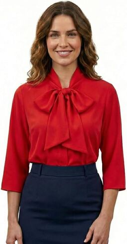 Tatyana Giselle Blouse, 1950s Long Sleeve Button Front with Tie Bow, White with Black Polka Dots, Scarlet Red in Saudi Arabia