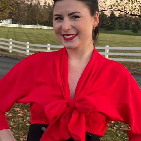 Tatyana Giselle Blouse, 1950s Long Sleeve Button Front with Tie Bow, White with Black Polka Dots, Scarlet Red in Saudi Arabia