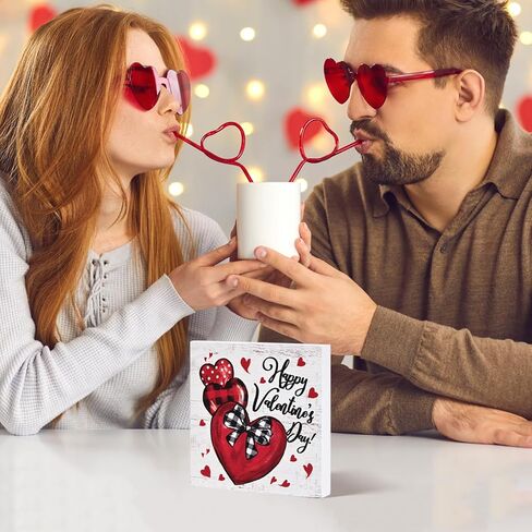 Smile Valentine's Day Wooden Decor, Happy Valentine's Day Heart - Shaped Ornament with Buffalo Plaid Bow, Valentine indoor Decoration in Saudi Arabia