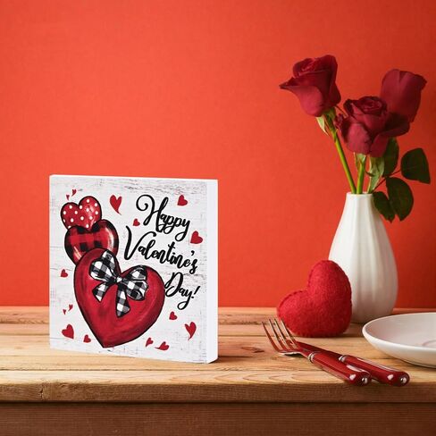 Smile Valentine's Day Wooden Decor, Happy Valentine's Day Heart - Shaped Ornament with Buffalo Plaid Bow, Valentine indoor Decoration in Saudi Arabia