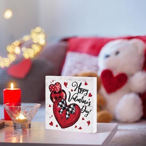 Smile Valentine's Day Wooden Decor, Happy Valentine's Day Heart - Shaped Ornament with Buffalo Plaid Bow, Valentine indoor Decoration in Saudi Arabia