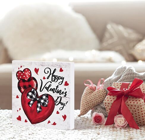 Smile Valentine's Day Wooden Decor, Happy Valentine's Day Heart - Shaped Ornament with Buffalo Plaid Bow, Valentine indoor Decoration in Saudi Arabia