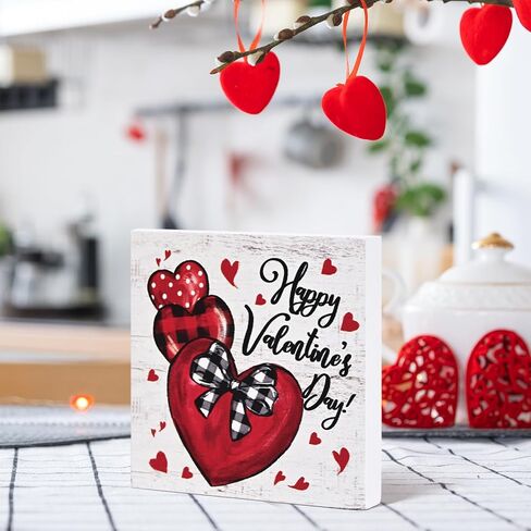 Smile Valentine's Day Wooden Decor, Happy Valentine's Day Heart - Shaped Ornament with Buffalo Plaid Bow, Valentine indoor Decoration in Saudi Arabia