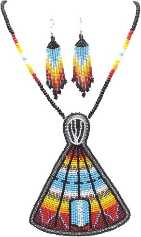 Handmade Beaded Tepee Necklace and Earrings Set, 17 Inch Drop, Multicolor with Czech Beads in Saudi Arabia