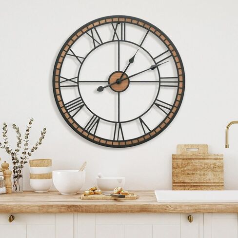 Micasso Non-Ticking Large Wall Clock : 20inch Modern Metal Black with Solid Wood Frame Silent Clock for Living Room/Bedroom/Kitchen - Home Decor for Fashion-Conscious (Style 1, 20-Inch) in Kuwait