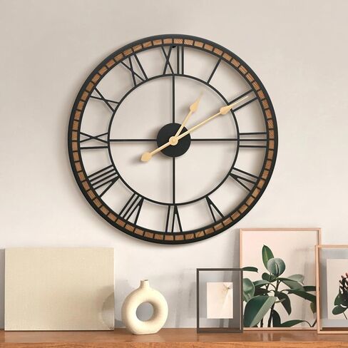 Micasso Non-Ticking Large Wall Clock : 20inch Modern Metal Black with Solid Wood Frame Silent Clock for Living Room/Bedroom/Kitchen - Home Decor for Fashion-Conscious (Style 1, 20-Inch) in Kuwait