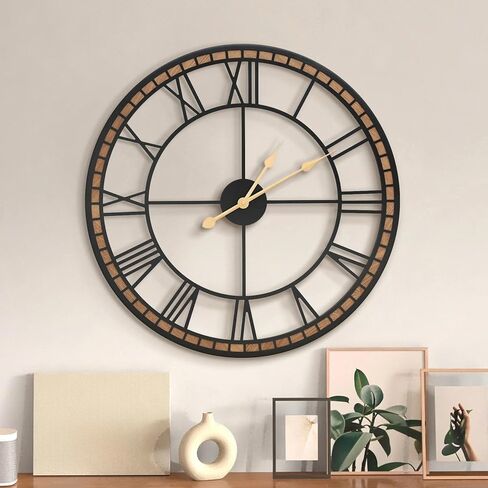 Micasso Non-Ticking Large Wall Clock : 20inch Modern Metal Black with Solid Wood Frame Silent Clock for Living Room/Bedroom/Kitchen - Home Decor for Fashion-Conscious (Style 1, 20-Inch) in Kuwait