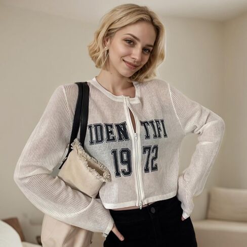 Korean Style Ice Silk Letters Long Sleeves Sun Protection Cardigan - Loose Fit Short Top in Saudi Arabia