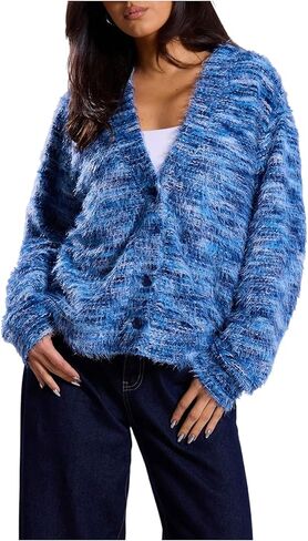 MakeMeChic Women's Striped Sweater Cardigan Fuzzy Vintage Button Down Cardigan Chocolate Brown Sweater in Saudi Arabia