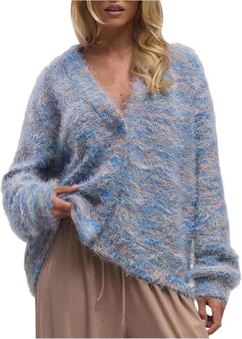 MakeMeChic Women's Striped Sweater Cardigan Fuzzy Vintage Button Down Cardigan Chocolate Brown Sweater in Saudi Arabia