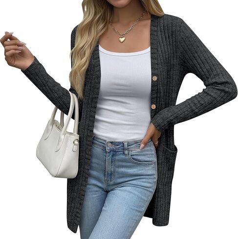 Oakgarden Women's Long Cardigans Sweater Ribbed Button Open Knit Cardigan for Women Long Sleeve Open Front Coat with Pockets in Saudi Arabia