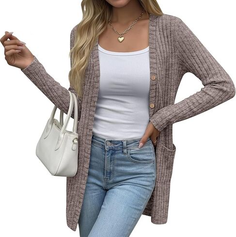 Oakgarden Women's Long Cardigans Sweater Ribbed Button Open Knit Cardigan for Women Long Sleeve Open Front Coat with Pockets in Saudi Arabia