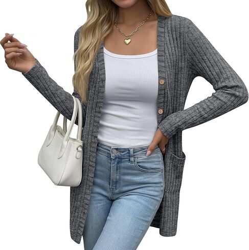 Oakgarden Women's Long Cardigans Sweater Ribbed Button Open Knit Cardigan for Women Long Sleeve Open Front Coat with Pockets in Saudi Arabia