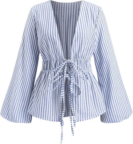 QJQ Women's Striped Peplum Blouses Long Bell Sleeve Deep V Neck Shirt Tie Front Tops Cute Elegant Cardigan in Saudi Arabia