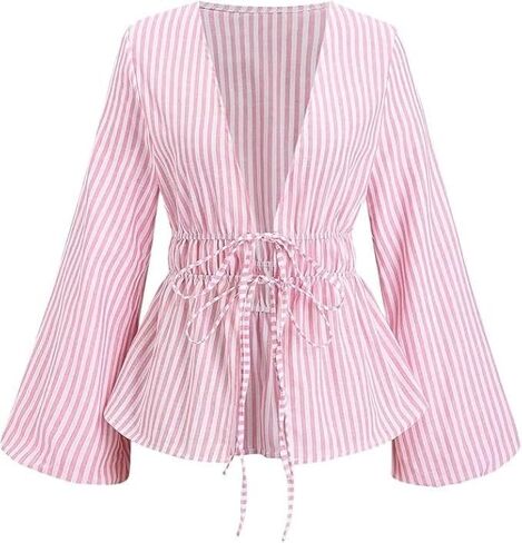 QJQ Women's Striped Peplum Blouses Long Bell Sleeve Deep V Neck Shirt Tie Front Tops Cute Elegant Cardigan in Saudi Arabia