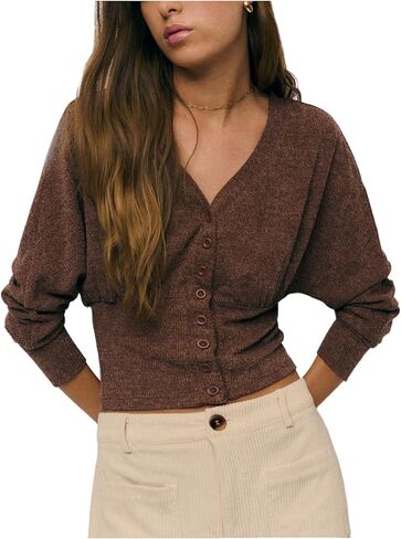 SOLY HUX Women's Long Sleeve Knit T Shirts Button Up V Neck Cardigan Fitted Crop Tops in Saudi Arabia