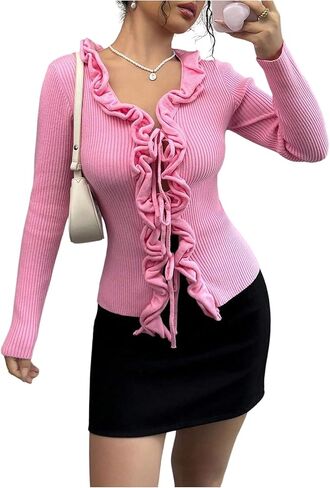 OYOANGLE Women's Tie Front Bow Cardigan Sweaters V Neck Long Sleeve Cute Soft Ruffled Ribbed Knit Cardigan in Saudi Arabia
