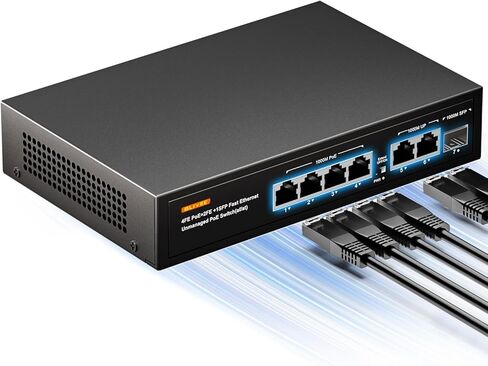 6 Port PoE+ Fast Switch, 4 PoE+ Ports with 2 Ethernet Uplink and Extend Function, 802.3af/at Compliant + 2 High Power PoE Port| Desktop Fanless Design | Plug & Play | Black Metal Housing in Saudi Arabia